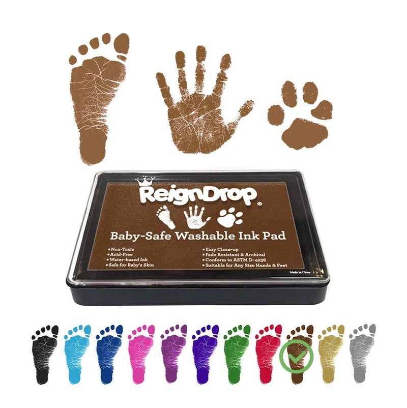 ReignDrop Ink Pad for Baby Footprint & Handprint - Creates Impressive Long Lasting Keepsake Stamp for Infant & Kids. Smudge Proof, Easy to Wipe Off Skin, Safe & Gentle Acid Free(Brown) - Image 1